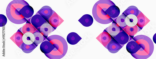 Abstract geometric pattern. Overlapping circles, squares create vibrant visual texture. Purple, pink hues dominate design. Modern aesthetic.