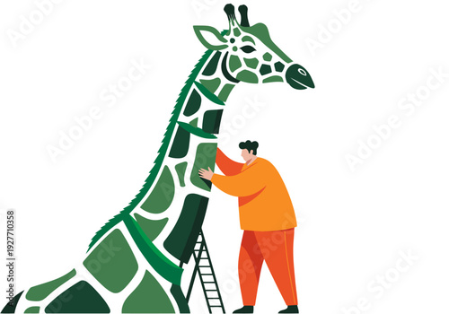 A man builds a giraffe from organic wildlife symbols. A playful illustration with a man and a large giraffe shape, perfect for educational or nature-themed designs.