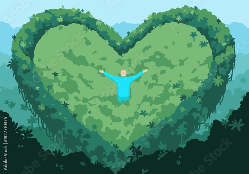 A joyful figure embraces a lush, heart-shaped forest, symbolizing nature's unity and habitat. Vibrant green foliage surrounds a person with arms outstretched, conveying connection and well-being.