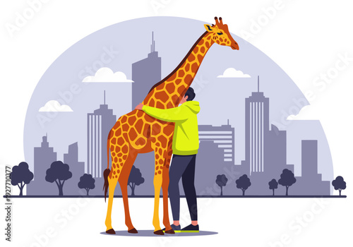 A man embraces a giraffe amidst a city skyline, symbolizing unity and connection. A heartwarming scene with a modern, urban backdrop.