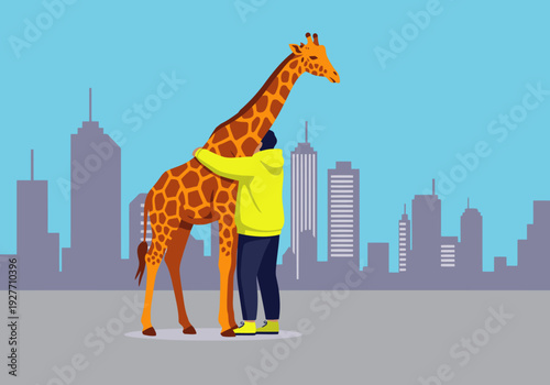 A man embraces a giraffe amidst a city skyline. A heartwarming scene of unity and connection. Modern illustration style.