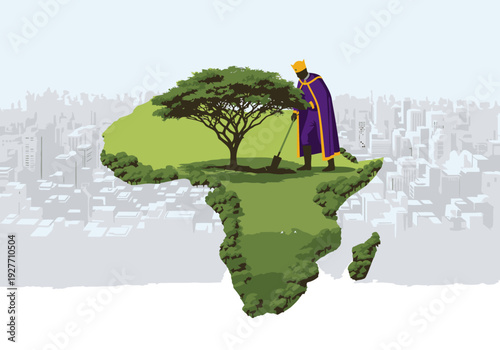 A regal figure plants a tree on a stylized Africa map, symbolizing growth and renewal amidst a modern cityscape.  A vibrant, hopeful image.
