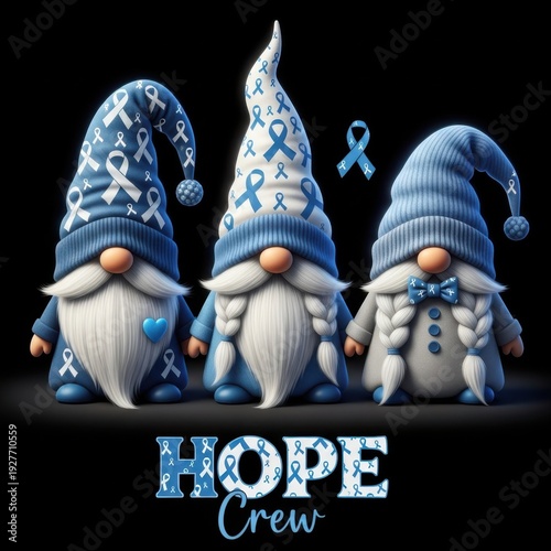 Three blue ribbon gnomes supporting prostate cancer awareness standing together on black background with HOPE Crew text 3D render