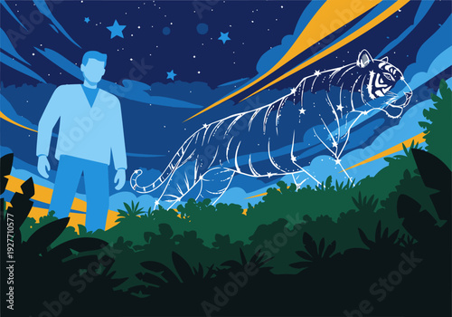 A striking illustration depicts a man observing a celestial tiger, highlighting endangered habitats. Bold colors and a dynamic composition create a visually arresting design.