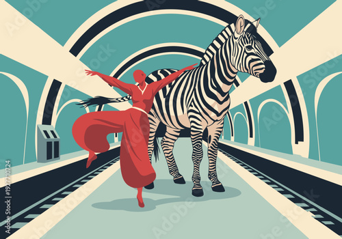 A zebra and dancer playfully interact within a stylized tunnel. Bold stripes, vibrant colors, and dynamic movement create a unique, modern illustration.