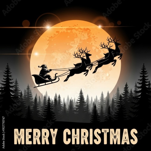 Santa Claus in sleigh with reindeer flying against full moon silhouette Christmas scene