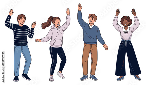 Group of diverse young adults dancing happily together