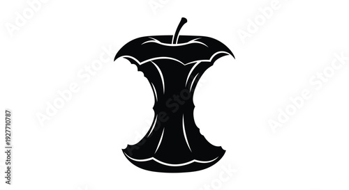 A stark black and white illustration of a partially eaten apple core