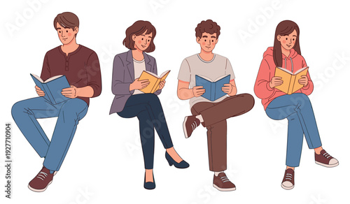 Diverse young adults reading books: caucasian male and female, engaged in literature