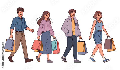 Diverse young adults shopping with bags in casual clothing