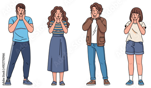 Surprised expression of diverse animated characters: asian male, caucasian female, hispanic male, asian female