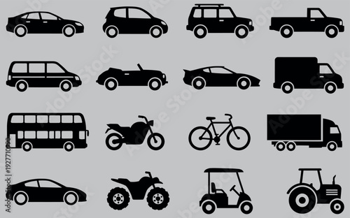 Black silhouette vehicle icon collection. Includes sedan, hatchback, SUV, pickup truck, minivan, convertible, sports car, delivery truck, double-decker bus, motorcycle, bicycle, semi-truck