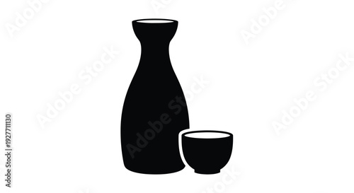A black silhouette of a sake bottle and accompanying cup