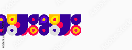 Colorful geometric shapes arranged horizontally. Circles, squares, rectangles create playful pattern. Bright hues dominate design.