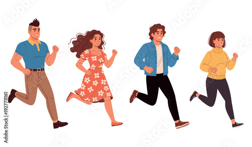 Diverse group running: young asian and caucasian adults in casual wear