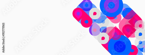 Abstract composition. Circles, squares overlap creating vibrant visual effect. Pink, blue hues dominate white background. Modern design.