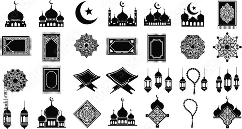 Islamic Ramadan silhouette vector icon set with mosque domes, prayer rugs, Quran stands, lanterns, crescents, and traditional religious ornaments