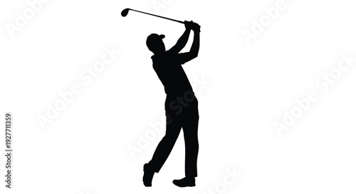 Silhouette of a golfer in mid swing against a white background