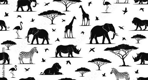 African safari animals silhouette set, elephant lion giraffe zebra rhinoceros with acacia trees isolated black vector illustration collection