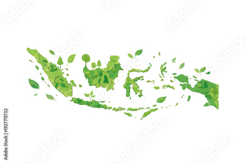 Green Indonesia Map with Leaf Elements Eco Concept Illustration