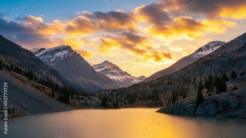 Scenic Mountain Range Reflected In Calm Lake Water During Sunrise With Colorful Clouds In The Background For Travel Nature-themed Publications Posters Educational Materials