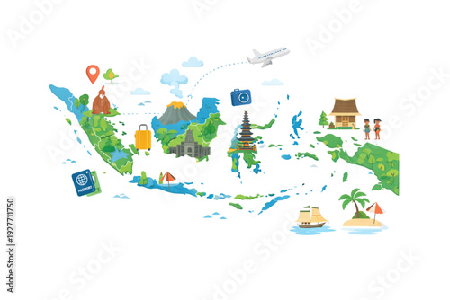Indonesia Travel Map Illustration with Tourism Landmarks and Cultural Elements