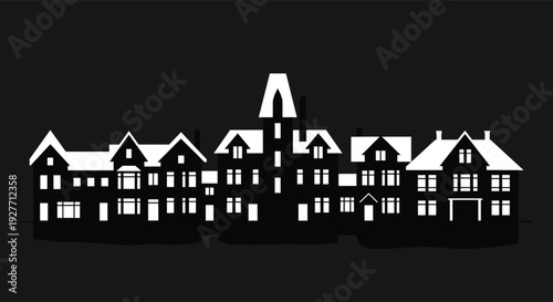 Historic mansion silhouette at night, classic Victorian architecture building facade isolated black and white vector illustration design