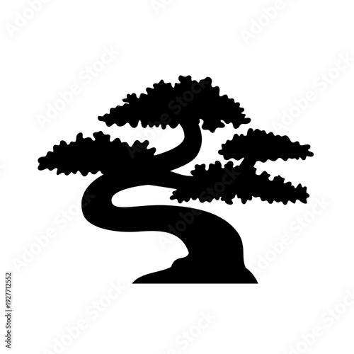 Black silhouette of a bonsai tree with twisted trunk and lush foliage.