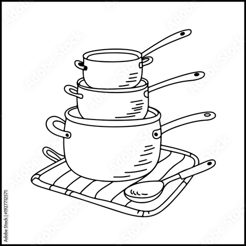 Stacked cooking pots with ladle and spoon kitchen utensils coloring page flat design vector illustration