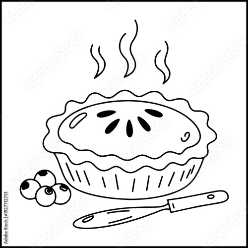 Steaming hot pie with berries and fork coloring page kitchen food flat design vector illustration