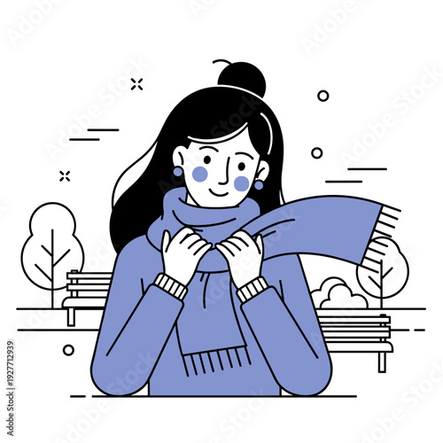 Young asian female bundled in scarf at park: warmth and tranquility in a wintery setting