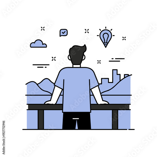 Young caucasian male contemplating landscape with city skyline and light bulb icon