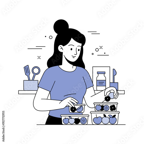 Female preparing fruit containers in kitchen scene