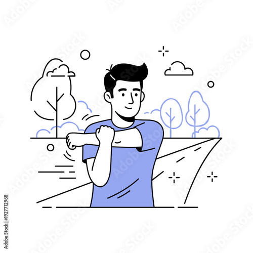 Young caucasian male stretching outdoors in minimalist vector art style