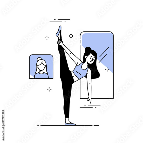 Young asian female practicing yoga at home with online class