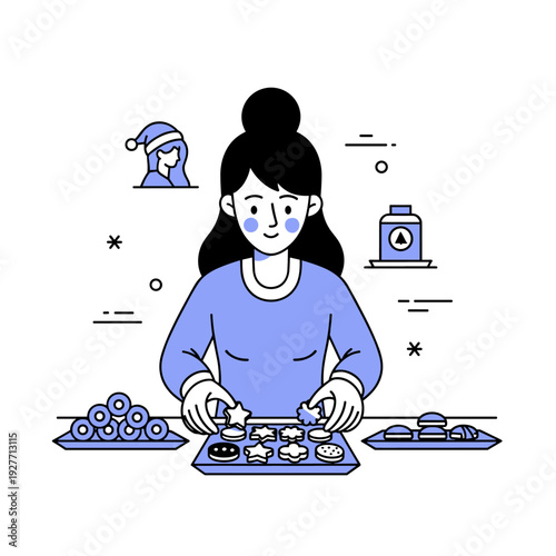 Young asian female baking cookies in kitchen with ingredients and decorated treats