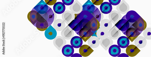 Abstract geometric pattern. Circles, squares overlap creating colorful composition. Modern design element, vibrant hues present.