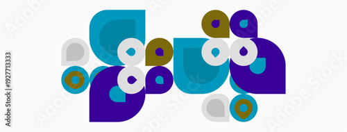 Abstract geometric shapes, circles, squares, varying hues. Composition suggests playful, modern design elements. Minimalist aesthetic.