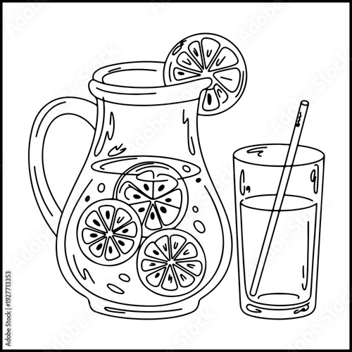 Lemonade pitcher and glass with citrus slices vector illustration, kitchen coloring page flat design