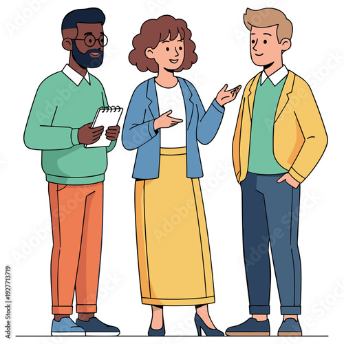 Diverse cartoon characters engaged in conversation: two males, one female, mixed race, young adults