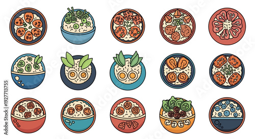 Colorful variety of ceramic food bowls.