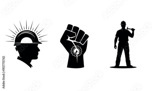 Silhouette illustrations of head hand and standing man with objects