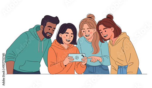Diverse young adults enjoying smartphone together in casual hoodies