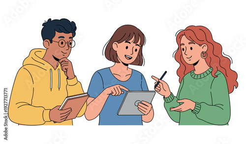 Diverse young adults collaborating with technology and books