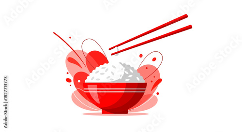 Red bowl with white rice.