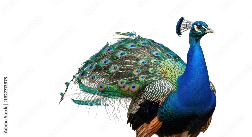 Fototapeta premium Isolated peacock with colorful tail feathers standing against a clear background, majestic bird