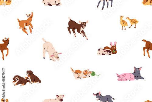 Repeatable pattern of baby farm animals and funny pets. Endless background of cute little bunnies, playing puppies, kittens, foals, lambs, lying calves and piglets. Flat seamless vector illustration