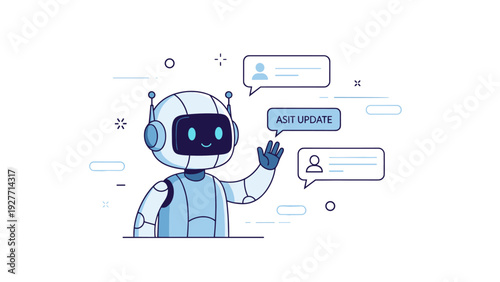 Friendly robot communicating with speech bubbles in digital update concept