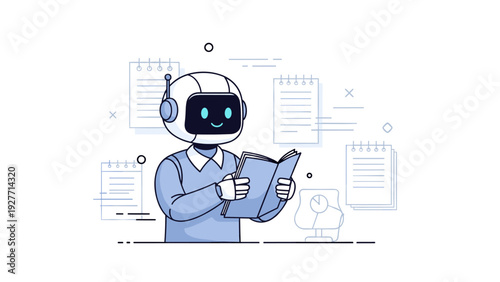 Smiling robot reading a book in office with floating notebooks and minimalist decor