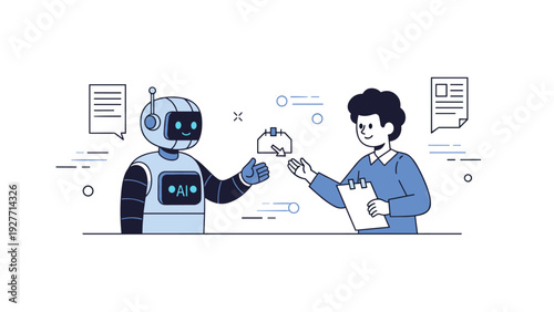 Young caucasian male interacting with robot for data sharing in office setting